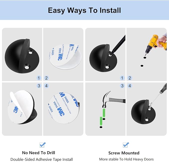 8 Pack Door Stoppers Self Adhesive Floor Mounted Door Stops No Drill Rubber Bumper, Stainless Steel Doorstop for Living Room, Bedroom, Bathroom, Office