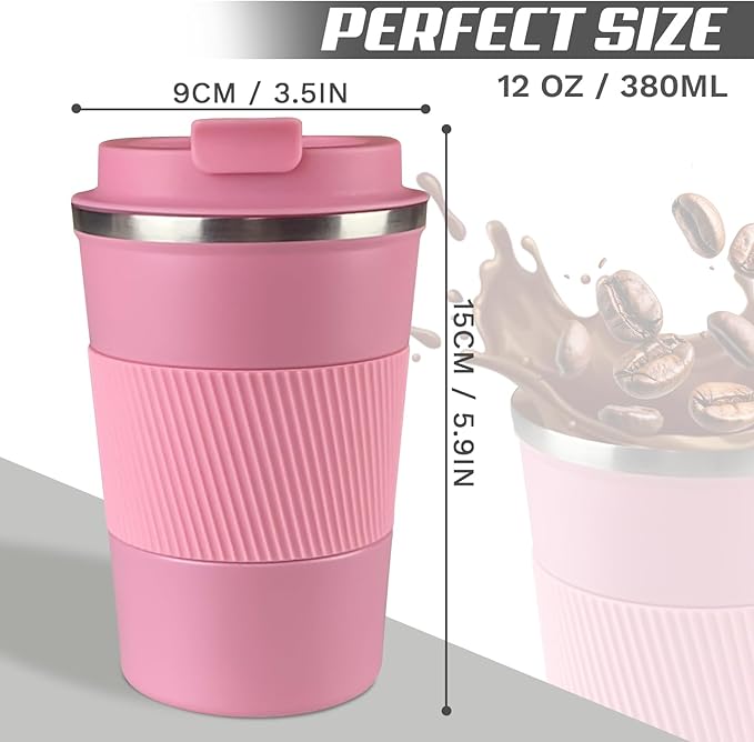 SPLMIFA Vacuum-Insulated Stainless Steel Travel Coffee Mug, Leak-Proof Reusable Coffee Cup with Lid - Keep Hot & Cold Drinks for Hours, Durable Insulated Tumbler for Men & Women(3rd-Pink, 12OZ)