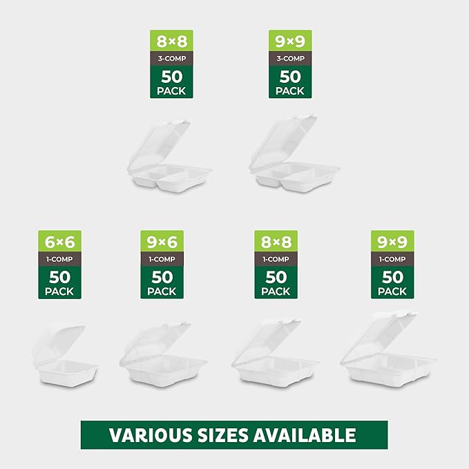 Freshware Compostable Clamshell Food Containers [8x8"] 3-Compartment 50-Pack, Disposable Containers, Biodegradable Sugarcane to Go Boxes - Paper Food Containers - Microwave & Freezer Safe, Stackable
