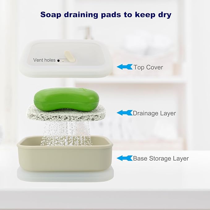 Leak Proof Travel Soap Case, Solid Shampoo Bar Holder, Silicone Soap Container with Draining Layer, Portable Bar Soap Holder for Bathroom, Camping, Gym, Easy to Clean (Off-White, Large)