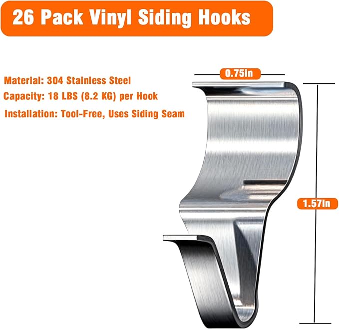 26 Pcs Vinyl Siding Hooks, Stainless Steel No-Hole Hangers for Hanging Wreaths & Outdoor Decor, Low Profile Siding Clips, Easy Installation, No Tools Needed (26, Sliver)