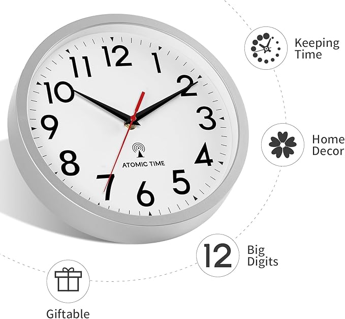Atomic Wall Clock Analog 14 Inch Battery Operated Modern Decorative for Living Room Kitchen Office Bedroom Bathroom (Silver)