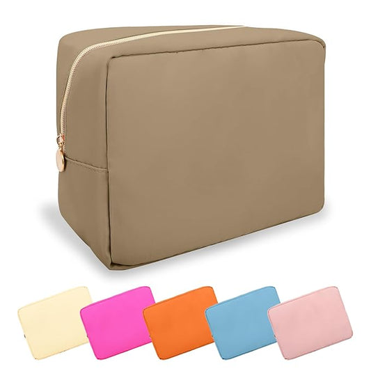Large Makeup Bag Pouch, Nylon Women Travel Toiletry Storage Bag, Preppy Cosmetic Bag for Girls, Big Makeup Organizer Bag, Cute Zipper Pouch Skincare Bag for Sport Work Gift (Large-Khaki)