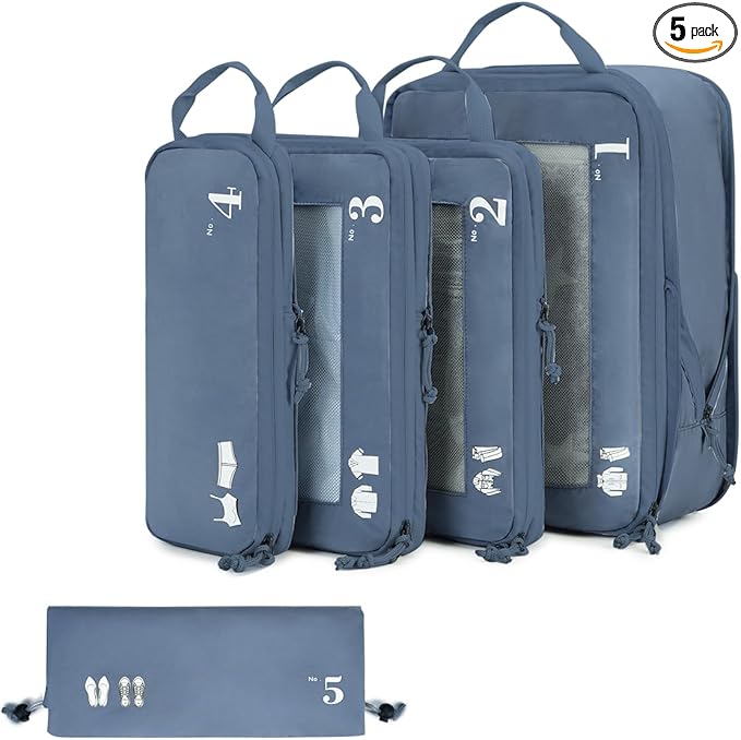 ECOHUB 5 Set Compression Packing Cubes for Suitcases Organizer Bags Set Travel Essentials with Shoe Bag for Traveling Tear-resistant Travel Accessories with ID Tag Expandable Packing Bags (All Blue)