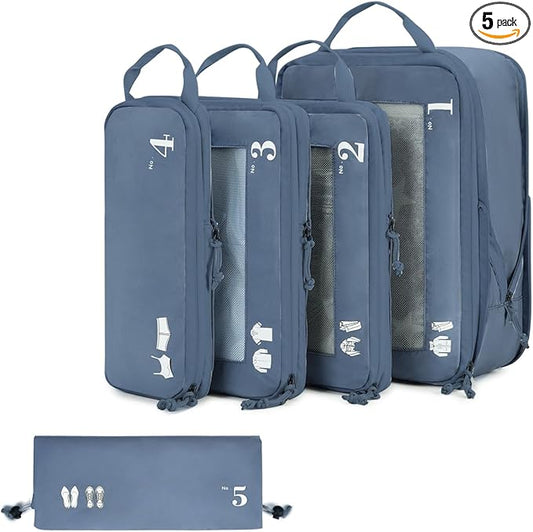 ECOHUB 5 Set Compression Packing Cubes for Suitcases Organizer Bags Set Travel Essentials with Shoe Bag for Traveling Tear-resistant Travel Accessories with ID Tag Expandable Packing Bags (All Blue)