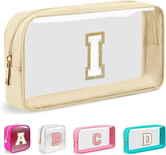 Small Clear Personalized Initial Makeup Bag,Nylon Preppy A-Z Chenille Letter Patch Cosmetic Pouch Beach Toiletry Bag,Waterproof Zipper Travel Purse Storage Bag Organizer for Women Girls(Beige-White I)