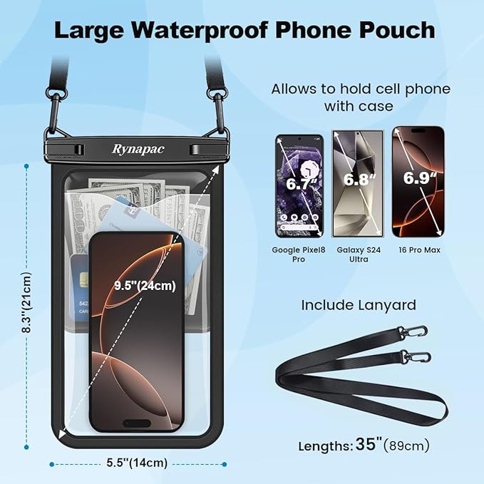 [Up to 10"] Large Waterproof Phone Pouch Bag - 2 Pack Waterproof Phone Case for iPhone 16 15 14 Pro Max Galaxy S25 S24 Ultra, IPX8 Cellphone Water Protector Pouch Beach Essentials Travel Must Haves