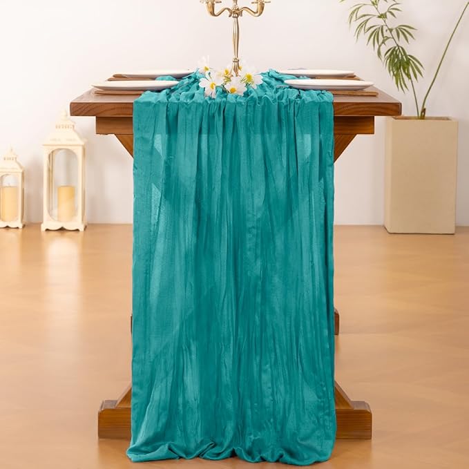 Socomi Teal Blue Cheesecloth Table Runner Summer Boho Rustic Gauze 120 inch 10FT Cheese Cloth Sheer Runner for Wedding Party Baby Shower Birthday Home Decor