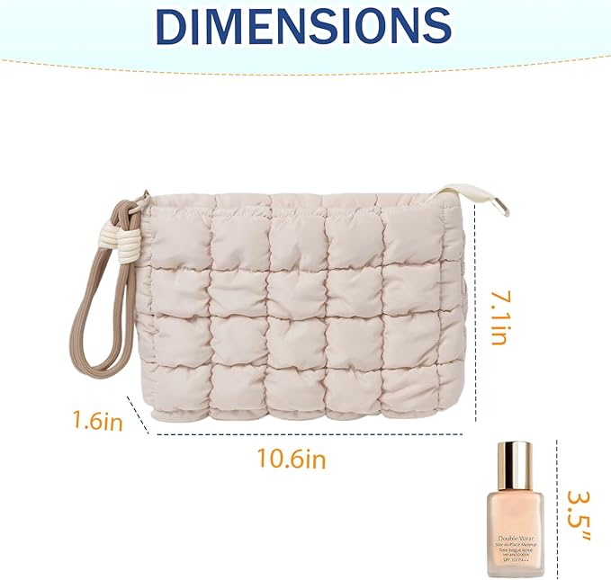 Puffy Quilted Makeup Bag Cosmetic Bag Equipped with a Detachable Handle Cute Zipper Pouch for Storage Clutch for Women(khaki)