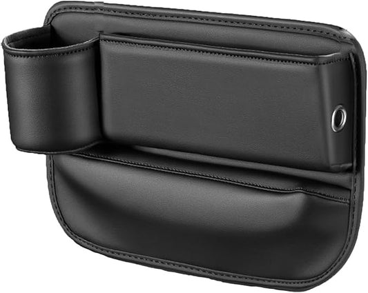 Car Seat Gap Filler with Cup Holder Multi-functional Leather Organizer for Vehicles Universal Storage Box for Driver's Side Car Seat Bags for Phones, Glasses, Keys, Cards - Ideal for Men and Women (Black)