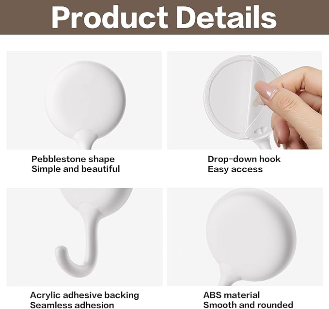 4pcs Self-Adhesive Hooks, No Drill Wall Mounted Sticky Hooks Durable for Kitchen Bathroom Office, Home Organization Essentials, White