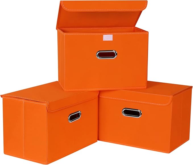Linen Fabric Foldable Collapsible Storage Cube Bin Organizer Basket Fabric Storage Bins with Lid, Leather Handles, Removable Divider for Home, Closet, Orange