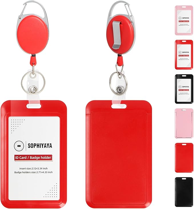 ID Badge Holder with Clip Badge Reels Ret retractable Heavy Duty Id Card with Carabiner Badge Reel with 24 inches Pull Cord for Office, School, Factory, Teacher (Red, Vertical)