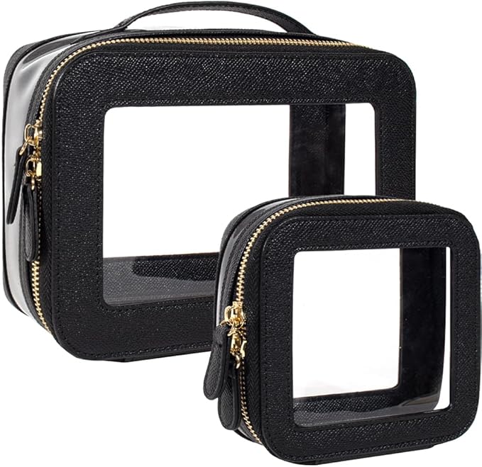 Clear Makeup Bag Set, Small Portable Clear Makeup Bag Cute Waterproof Travel Cosmetic Bag Makeup Pouch TSA Approved Toiletry Bag Women Traveling Car Organizer Car Essentials (Black, Standard + Mini)