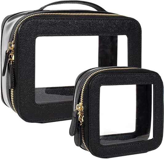 Clear Makeup Bag Set, Small Portable Clear Makeup Bag Cute Waterproof Travel Cosmetic Bag Makeup Pouch TSA Approved Toiletry Bag Women Traveling Car Organizer Car Essentials (Black, Standard + Mini)