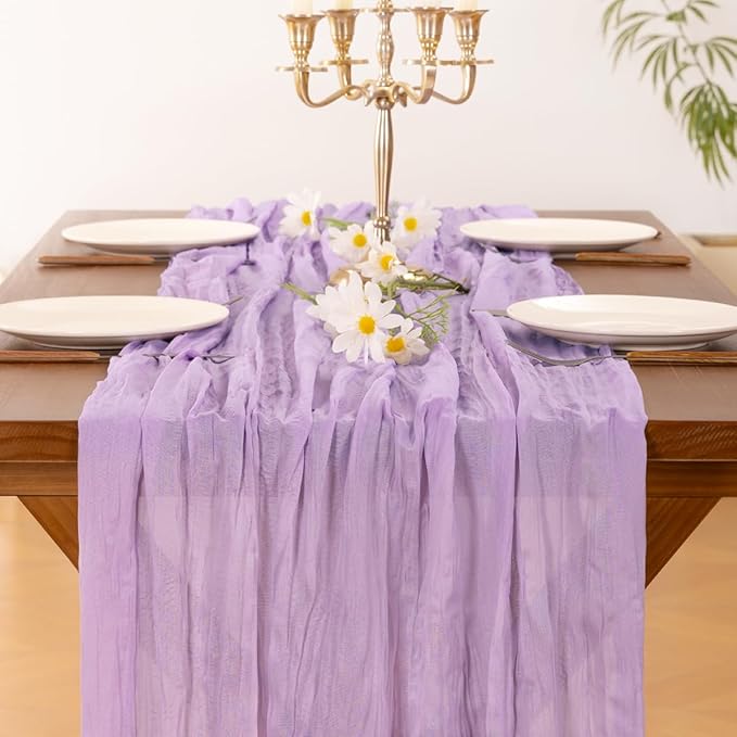 Socomi 3pcs Lilac Purple Lavender Cheesecloth Table Runner Summer Boho Rustic Gauze 120 inch 10FT Cheese Cloth Sheer Runner for Wedding Party Baby Shower Birthday Home Decor Holiday Decorations