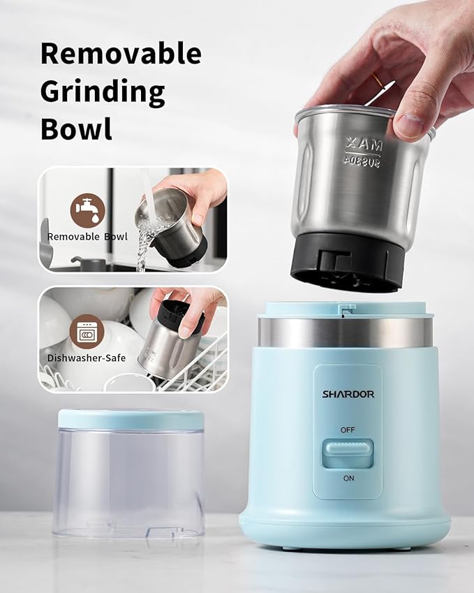 SHARDOR Quiet Coffee Grinder Electric, 70g Removable Bowl Spice Grinder for Coffee Beans, Seeds and Grains, Super Silent Grinding Mill with 60dB Low Noise, 2.5oz Capacity, Blue