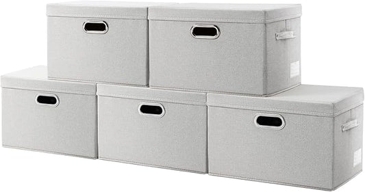 PRANDOM Large Collapsible Storage Containers with Lids [5-Pack] Fabric Foldable Storage Bins Boxes Organizer Baskets Cube with Cover for Home Bedroom Closet Office Beige(17.3x11.8x11.8)