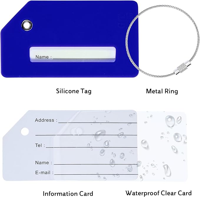 5 Pack Silicone Luggage Tag for Suitcases with Stainless Loop, TSA Approved, Privacy Protection Travel Essentials Bag Tags by Gostwo, Blue