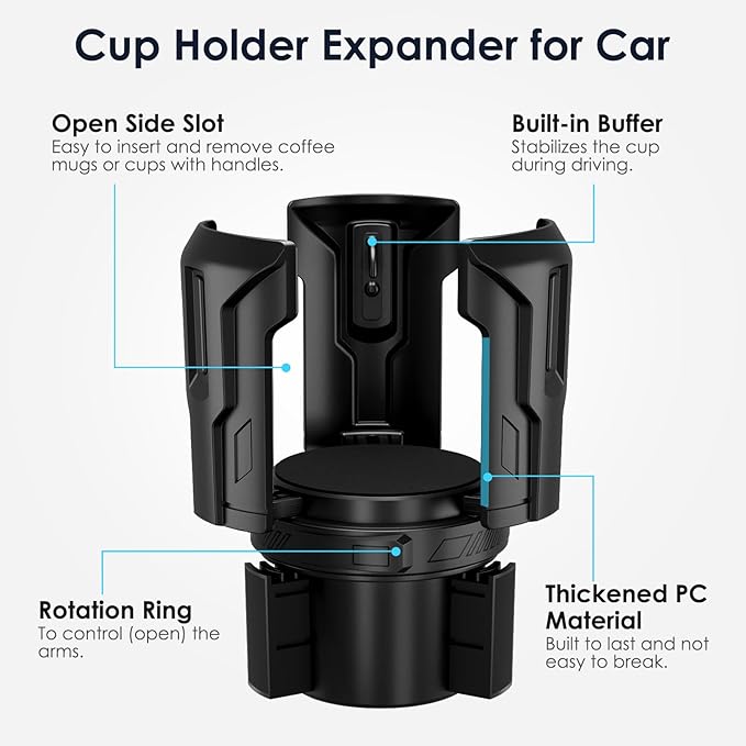 Car Cup Holder Expander: One-Button Open, Universal, Adjustable Holder (Diameter 2.6"- 4.8"), Cup Holder Expander for Yeti, Hydro Flask, Nalgene, Takeya, Camelbak, Ramblers, Owala, Tumblers, Mugs