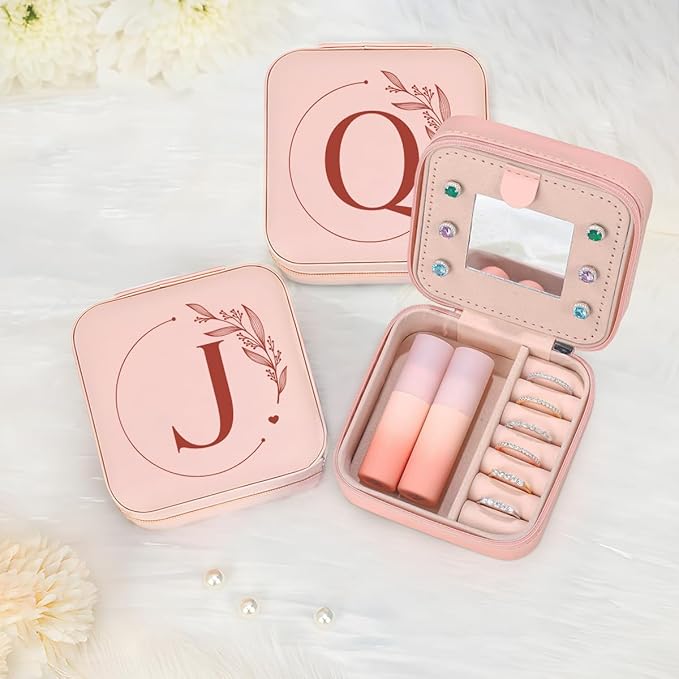 SANDJEST Personalized Jewelry Box, Pink Small Travel Jewelry Box with Initial J, Monogrammed Jewelry Case Organizer for Girls Women Teen, Mini Travel Essentials Gifts for Christmas Birthday