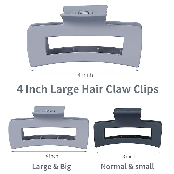 12 Pcs Large Hair Clips for Women, 4.2 Inch Square Claw Clips, Colorful Hair Claw Clips for Thick and Thin Hair, Bulk Hair Accessories for Women and Girls - Grey