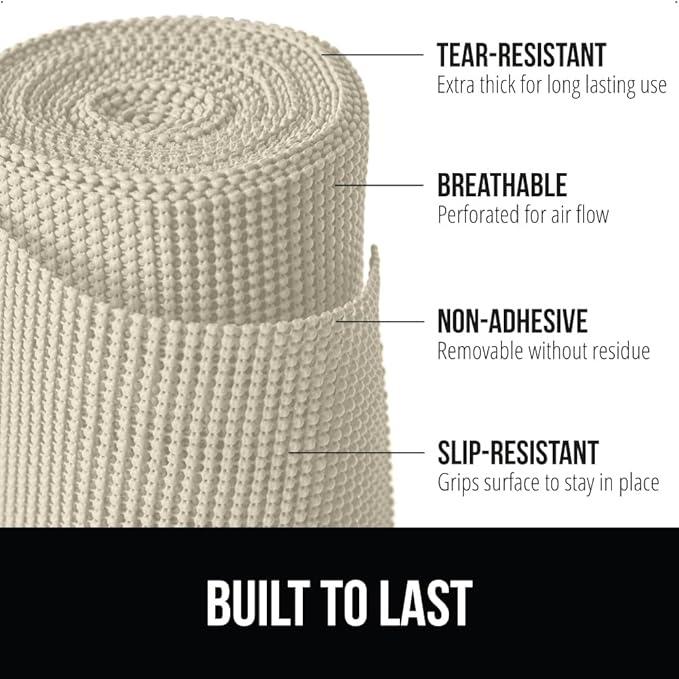 GORILLA GRIP powerGRIP Drawer Shelf and Cabinet Liner, Thick Strong Hold, Non-Adhesive Liners Protect Kitchen Cabinets and Cupboard, Bathroom Drawers, Easy Install, Breathable Mat, 12" x30', Cream