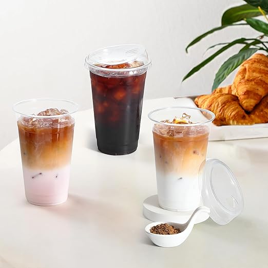 AOZITA 100 Pack 16 oz Plastic Cups With Strawless Sip-Lids, Iced Coffee Cups With Lids BPA Free, Disposable Clear Cups, To Go Cups for Smoothies, Party Drinks, Bubble Tea, Cold Beverage