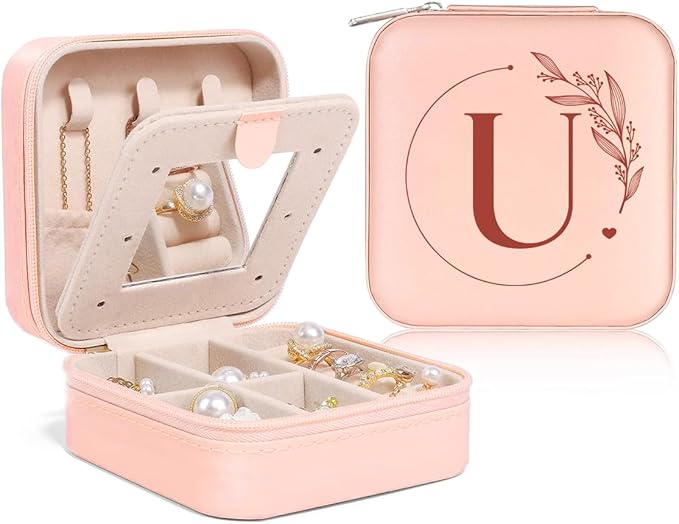 SANDJEST Personalized Jewelry Box, Pink Small Travel Jewelry Box with Initial U, Monogrammed Jewelry Case Organizer for Girls Women Teen, Mini Travel Essentials Gifts for Christmas Birthday