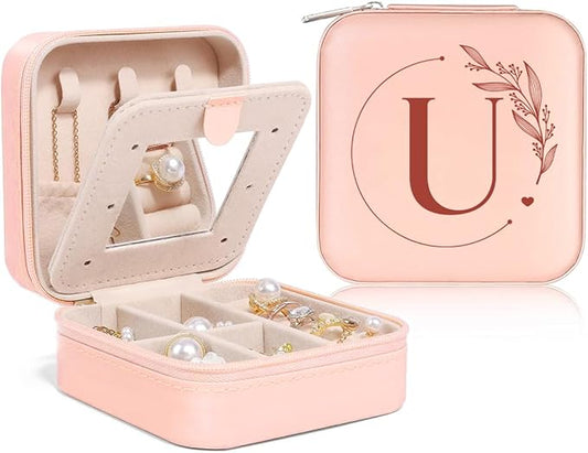 SANDJEST Personalized Jewelry Box, Pink Small Travel Jewelry Box with Initial U, Monogrammed Jewelry Case Organizer for Girls Women Teen, Mini Travel Essentials Gifts for Christmas Birthday