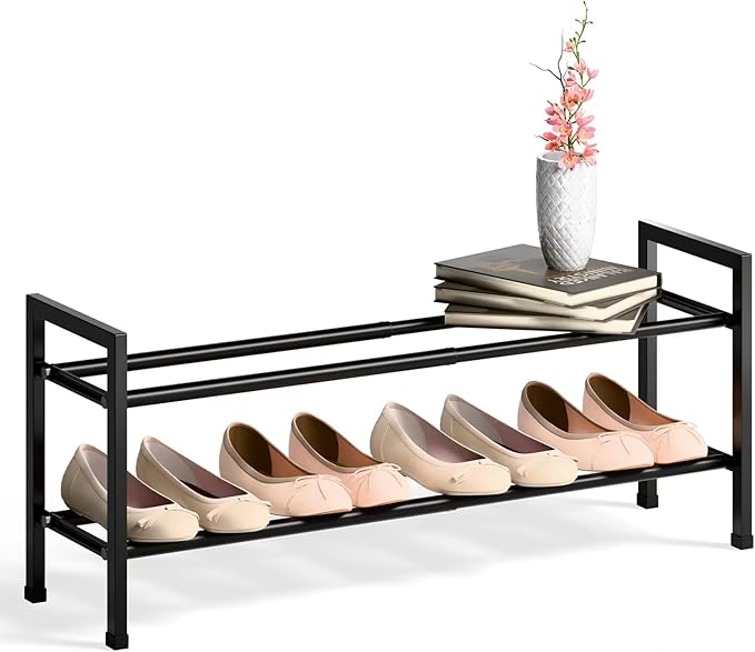 Bumusty 2 Tier Expandable Shoe Rack for Closet, 18"-33" Adjustable Shoe Rack for Small Space, Small Shoe Organizer for Front Door, Sturdy Metal, Black