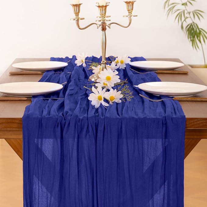 Socomi 2pcs Royal Blue Summer Cheesecloth Table Runner Boho Rustic Gauze 120 inch 10FT Cheese Cloth Sheer Runner for Wedding Party Baby Shower Birthday Home Decor Holiday Decorations