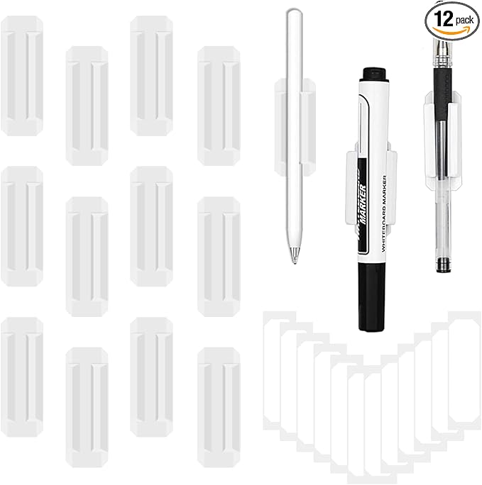 12 Pack Pen Holder for Desk, Silicone Pencil Holder with 12 Extra Adhesive Stickers, Adhesive Pen Holder & Marker Clip for Classroom Office Desk or Any Surface, Teacher Accessories Supplies (White)