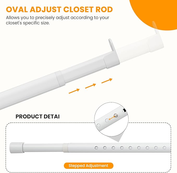 Oval Closet Rod for Hanging Clothes Adjustable Closet Rods 18 to 87 Inch Heavy Duty White Poles Bar Closet Rod Expandable for Wardrobes Laundry RV