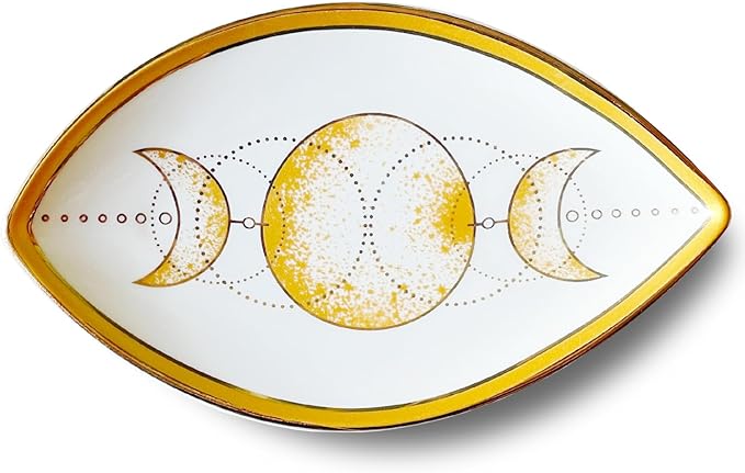 Exquisite Small Ceramic Jewelry Tray - Trinket Dish Evil Eye Decor, Gold Plate Ring Holder, Modern Boho Home Essentials, Perfume Organizer, Witchy, Aesthetic Room Decor (Moon)