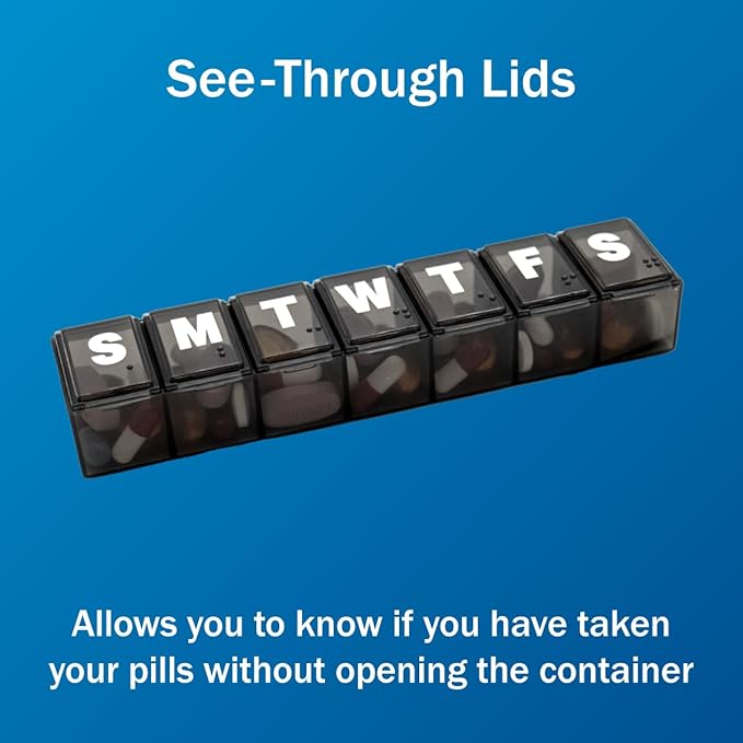 Amazon Basic Care Weekly (7-Day) Pill Organizer, Vitamin Planner, and Medicine Box, Medium Compartments, Black (Pack of 2)