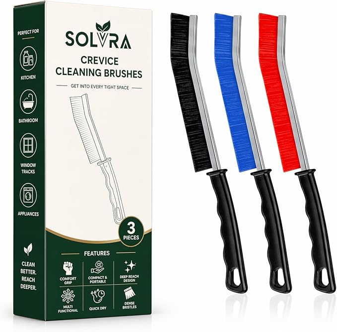 Crevice Cleaning Brush Set – 3Pcs Hard Bristle Cleaning Tools in Black, Red & Blue for Grout, Tile Floors, Gaps & Narrow Spaces – Small Grout Scrub Brush for Bathroom, Shower, Window Tracks, Kitchen