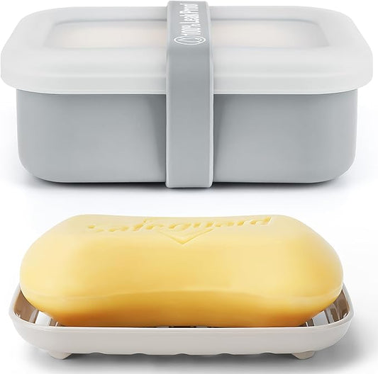 Compact Leakproof Travel Soap Case with Lid & Silicone Strap - Portable Draining Soap Bar Holder for Gym, Bathroom, Camping - Lightweight Silicone Soap Dish Container (Gray)