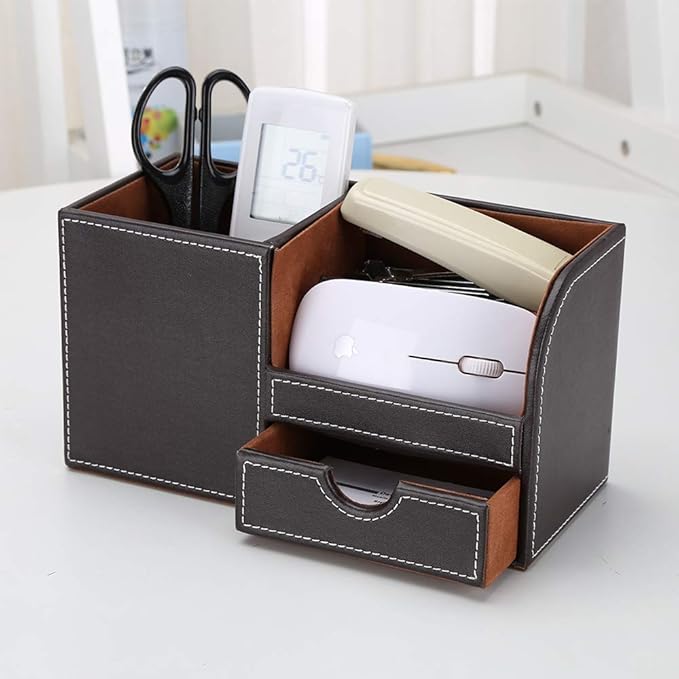 KINGFOM Desk Organizer Office Supplies Caddy Pu Leather Multi-function Storage Box Pen/Pencil,Cell phone, Business Name Cards Remote Control Holder with Small Drawer Brown