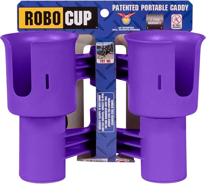 ROBOCUP, (Purple EZ-Spring), Patented Clamp On Boat Cup Holder |Multifunction Dual Drink Caddy for Fishing Poles, Tools, Net |Portable Storage for Boating, Beach, Umbrellas, Golf Carts, Strollers