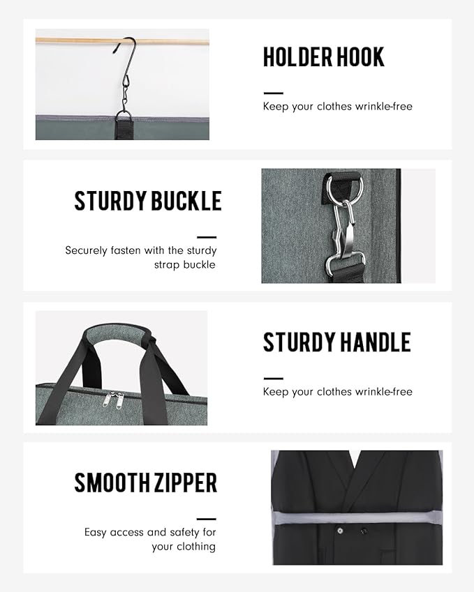 MATEIN Travel Garment Bag, Double Layer Folding Suit Bag with Adjustable Strap for Business Trips, Large Waterproof Wrinkle Free 2 in 1 Hanging Suitcase Cover Luggage for Shirts Dresses Coats, Grey