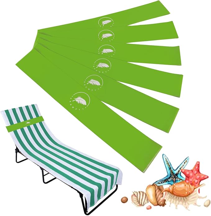 Towel Bands (6 Pack) - Stretch Beach Towel Clips for Beach Cruise Pool Chairs, Lounge Towel Holder Elastic, Cruise Ship Essentials (Green)