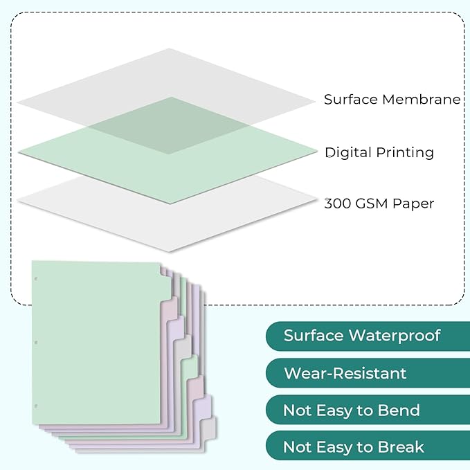 Y YOMA Colored 3 Ring Binder Dividers with Tabs Letter Size Paper Binder Tabs Page Dividers Cute Decorative Binder Index Dividers for Office School Home with 1/8-Cut Tabs, Tender Color (8 Sheet)