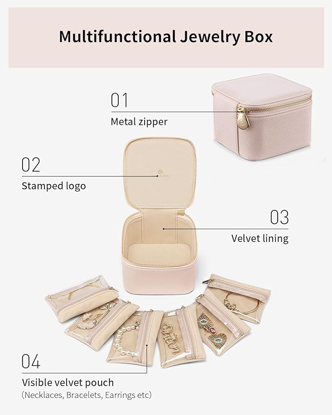 Vlando Travel Jewelry Case, Jewelry Organizer with 6 Zipper Velvet Jewelry Bags for Women and Girls, Wedding Birthday Gift Ideas for Women, Earrings Rings Storage Gift Box Packaging, Pink