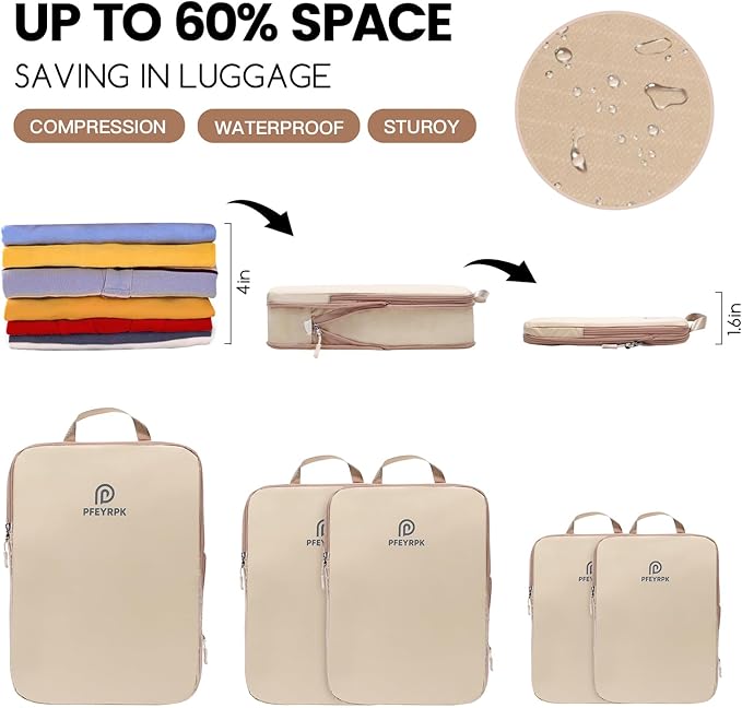 PFEYRPK Lightweight Compression Packing Cubes for Suitcases, Compressible Expandable Travel Packing Organizer with Clear Toiletry Bag and Backpack Bag, Travel Essentials for Carry-on Luggage, 7-Piece Set