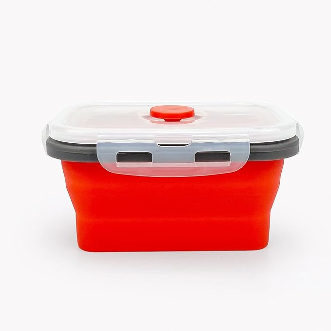CCyanzi 3-Piece Collapsible Food Storage Containers with Lids, Silicone Lunch Container, Microwave & Freezer Safe, Space Saving for Kitchen Cabinet and Camping Backpack (Red Gray)