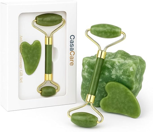 Gua Sha Facial Tool and Jade Roller Set –Anti-Aging Tools for Lymphatic Drainage, Puffiness, Wrinkles, and Relaxation – Skincare Tool for Face and Neck (Light Green)