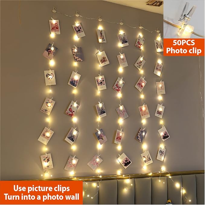 ZSJWL 3.3×5ft Short Curtain Lights with 8 Hook for Small Windows, 96 LED Warm White Photo Clips String Light with 52 Clear Clips, Remote Control 8 Modes USB Fairy Lights for Bedroom, Party, Wall