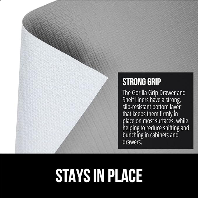 GORILLA GRIP DripGuard Shelf Liner, Non-Adhesive Drawer and Kitchen Cabinet Protector, 20x240 In, Strong Grip Slip Resistant Underside, Smooth Surface Liners for Cabinets, Bathroom Closets, Light Gray