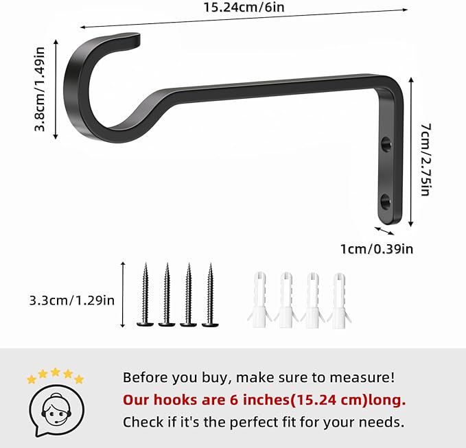 saffruff Heavy Duty Plant Hooks for Wall: 6-Inch 2 Pack Plant Hangers Outdoor, Hold 35lb, Bird Feeder Hanger for Outside, Iron Planter Brackets for Hanging Baskets, Wind Chime, Lantern, Metal - Black